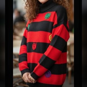Gitano Vintage Women's Red and Black Sweater Knit Swirl Accents High Neck Large.